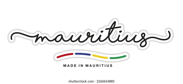 Made in Mauritius, new modern handwritten typography calligraphic logo sticker, abstract Mauritius flag ribbon banner