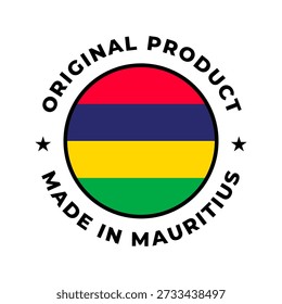 Made in Mauritius original product circular badge with Mauritian flag design. Perfect for branding, packaging, product labels, quality assurance, manufacturing, and country of origin identification.