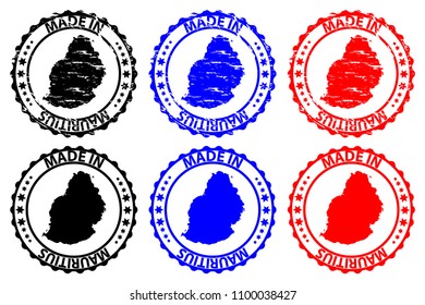 Made in Mauritius - rubber stamp - vector, Republic of Mauritius island map pattern - black, blue and red