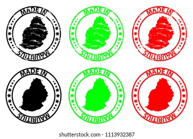 Made in Mauritius - rubber stamp - vector, Republic of Mauritius island map pattern - black, green and red