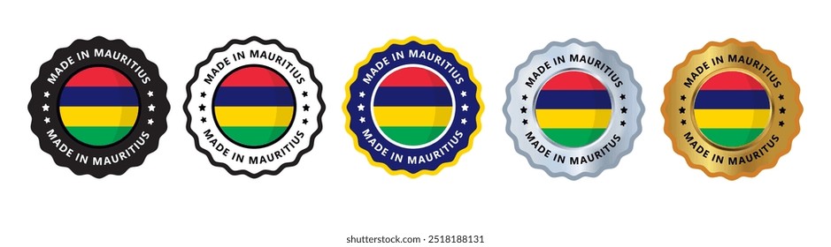 Hecho en mauritius conjunto de insignia de sello de signo, con variante de color verde, plateado, dorado, negro adecuado para productos fabricados, militares, agricultura o Ilustración vectorial alimentaria eps texto editable