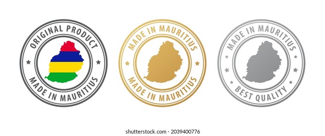 Made in Mauritius - set of stamps with map and flag. Best quality. Original product. Vector illustration