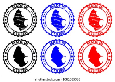 Made in Melilla - rubber stamp - vector, Melilla map pattern - black, blue and red