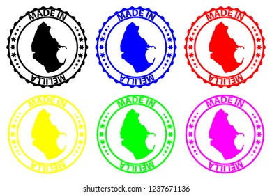 Made in Melilla - rubber stamp - vector, Melilla map pattern - black, blue, green, yellow, purple and red