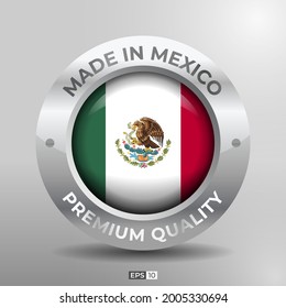 Made in Mexico Label, Logo, Stempel-Rundfahne der Nation mit 3D-Silberglanz-Effekt