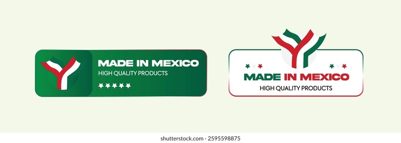 Made in Mexico labels with Mexican Flag. Symbol with Quality. Perfect for ribbon, label, logo design, tags, badges, emblem, stickers, product package, etc. Vector Illustration