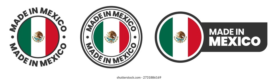 Made in Mexico labels, stamps, badges with Mexican flag template icon set