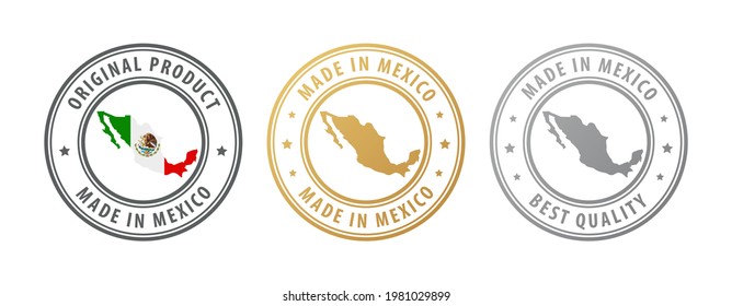 Made in Mexico - set of stamps with map and flag. Best quality. Original product. Vector illustration