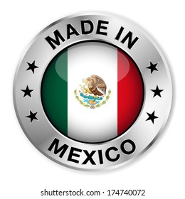 Made in Mexico silver badge and icon with central glossy Mexican flag symbol and stars. Vector EPS10 illustration isolated on white background.