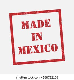 made in Mexico text rubber seal stamp watermark. Caption inside rounded rectangular banner with grunge design and dirty texture. Slanted vector ink sticker on paper background.