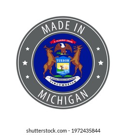Made in Michigan icon. Gray stamp with a round state flag.