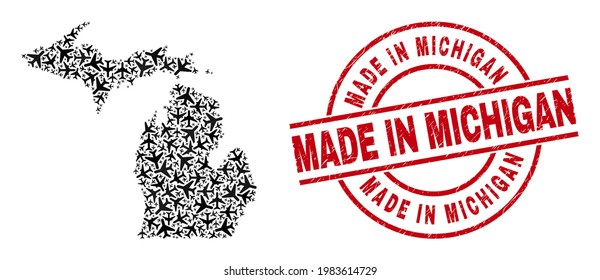 Made in Michigan rubber stamp, and Michigan State map collage of aeroplane elements. Collage Michigan State map constructed with aircraft. Red seal with Made in Michigan tag,