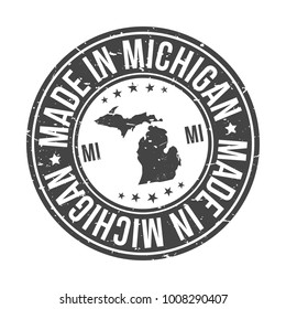 Made in Michigan State USA Quality Original Stamp Map. Design Vector Art Tourism Souvenir Round Seal.