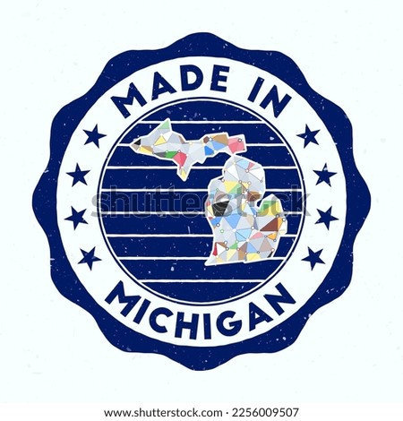 Made in Michigan. US state round stamp. Seal of Michigan with border shape. Vintage badge with circular text and stars. Vector illustration.