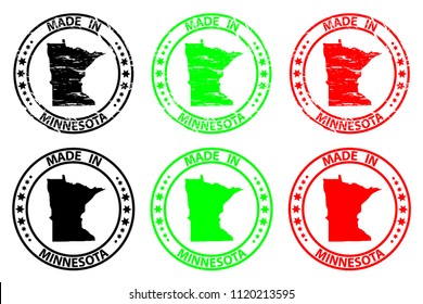 Made in Minnesota - rubber stamp - vector, Minnesota (United States of America) map pattern - black, green  and red