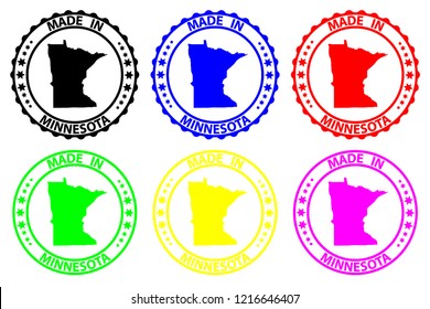 Made in Minnesota - rubber stamp - vector, Minnesota (United States of America) map pattern - black, blue, green, yellow, purple and red