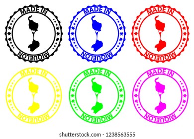 Made in Miquelon - rubber stamp - vector, Miquelon map pattern - black, blue, green, yellow, purple and red