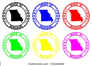 Made in Missouri - rubber stamp - vector, Missouri (United States of America) map pattern - black, blue, green, yellow, purple and red
