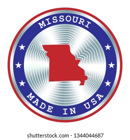 Made in Missouri seal or stamp. Round hologram sign for label design and national marketing.