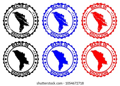 Made in Moldova - rubber stamp - vector, Moldova map pattern - black, blue and red
