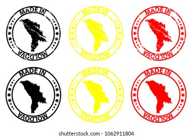 Made in Moldova - rubber stamp - vector, Moldova map pattern - black, yellow and red