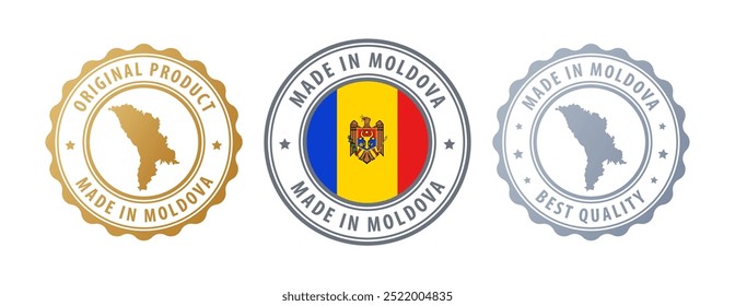 Made in Moldova - set of stamps with map and flag. Best quality. Original product. Vector illustration