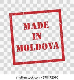 made in Moldova text rubber seal stamp watermark. Caption inside rounded rectangular banner with grunge design and dirty texture. Slanted vector ink sticker on transparent background
