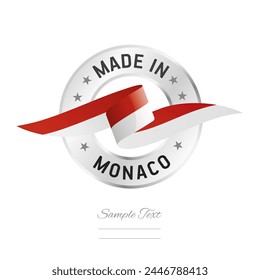 Made in Monaco. Monaco flag ribbon with circle silver ring seal stamp icon. Monaco sign label vector isolated on white background