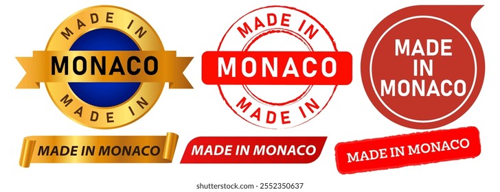 Made in Monaco product manufactured export commercial advertisement European region business stamp colorful badges emblem label banner ribbon sticker design icon set collection