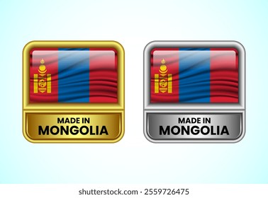 Made in Mongolia label icon in gold and silver color. Flag icon set for business