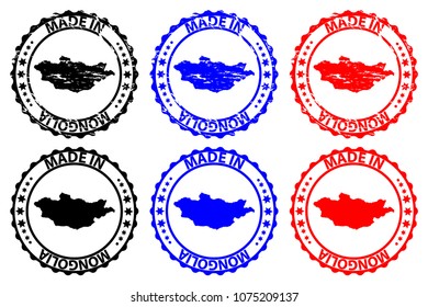 Made in Mongolia - rubber stamp - vector, Mongolia map pattern - black, blue and red