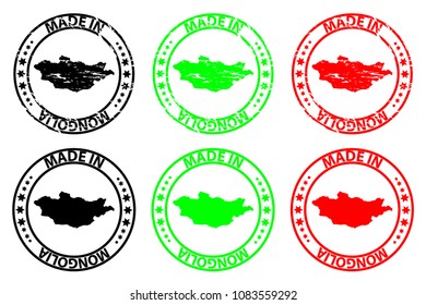 Made in Mongolia - rubber stamp - vector, Mongolia map pattern - black, green and red