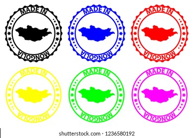 Made in Mongolia - rubber stamp - vector, Mongolia map pattern - black, blue, green, yellow, purple and red