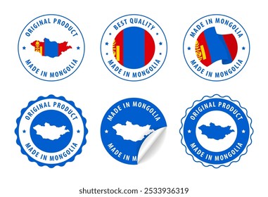 Hecho en Mongolia - conjunto de etiquetas, sellos, insignias, con el mapa de Mongolia y la bandera. La mejor calidad. Producto original. Ilustración vectorial