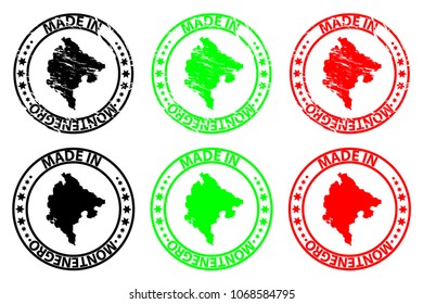 Made in Montenegro - rubber stamp - vector, Montenegro map pattern - black, green and red