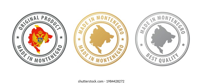 Made in Montenegro - set of stamps with map and flag. Best quality. Original product. Vector illustration