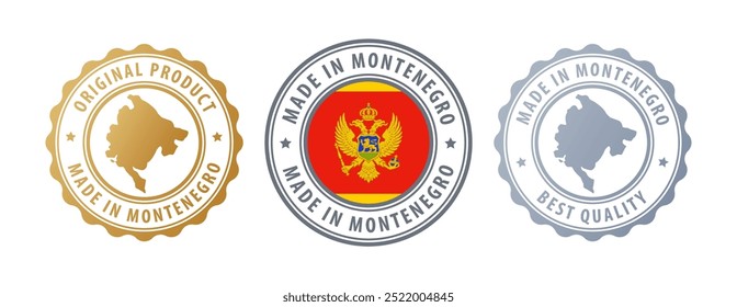 Made in Montenegro - set of stamps with map and flag. Best quality. Original product. Vector illustration