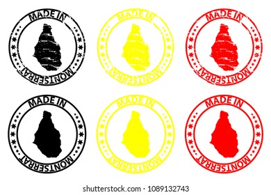 Made in Montserrat - rubber stamp - vector, Montserrat map pattern - black, yellow and red