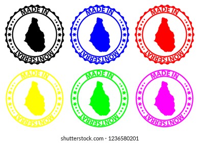 Made in Montserrat - rubber stamp - vector, Montserrat map pattern - black, blue, green, yellow, purple and red