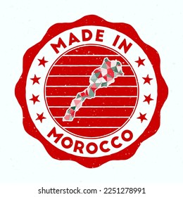 Made In Morocco. Country round stamp. Seal of Morocco with border shape. Vintage badge with circular text and stars. Vector illustration.