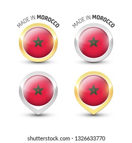 Made in Morocco - Guarantee label with the Moroccan flag inside round gold and silver icons.