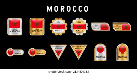 Hergestellt in Marokko Label, Stempel, Abzeichen oder Logo. Mit Stern und der Nationalflagge von Marokko. Auf Platin-, Gold- und Silberfarben. Premium- und Luxus-Emblem