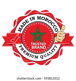 Made in Morocco. Premium quality,Trusted brand - grunge printable stamp, label /  sign with national flag colors an thumbs up. Print colors used