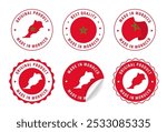 Made in Morocco - set of labels, stamps, badges, with the Morocco map and flag. Best quality. Original product. Vector illustration