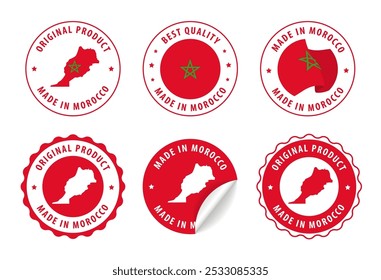 Made in Morocco - conjunto de etiquetas, selos, distintivos, com o mapa e a bandeira de Marrocos. Melhor qualidade. Produto original. Ilustração vetorial