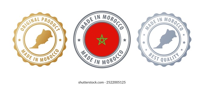 Made in Morocco - set of stamps with map and flag. Best quality. Original product. Vector illustration