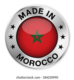 Made in Morocco silver badge and icon with central glossy Moroccan flag symbol and stars. Vector EPS 10 illustration isolated on white background.