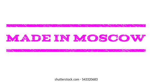 Made In Moscow watermark stamp. Text caption between horizontal parallel lines with grunge design style. Rubber seal stamp with dust texture. Vector magenta color ink imprint on a white background.