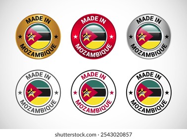 Ícone do rótulo Feito em Moçambique com bandeira. Conjunto de ícones para empresa, selo, selo, adesivo, logotipo e símbolo