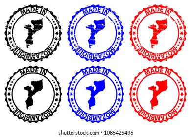 Made in Mozambique - rubber stamp - vector, Mozambique map pattern - black, blue and red